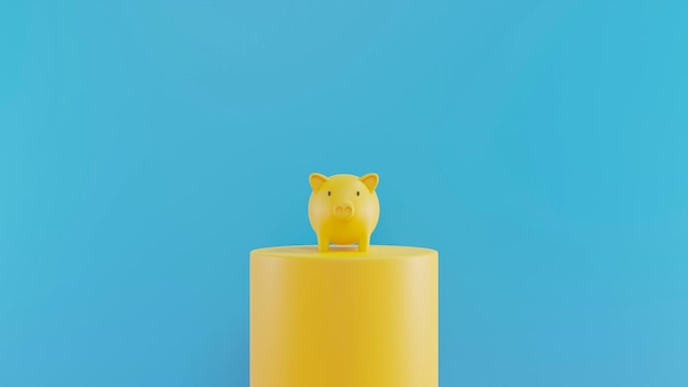 Hucha amarilla en un podio con fondo azul Representación 3D Concepto de ahorro de dinero Fondo azul