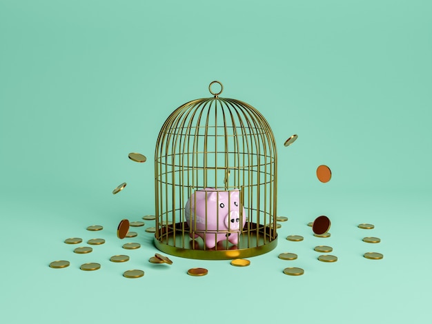 Hucha atrapada en una jaula con monedas cayendo. concepto de bloqueo de ahorro y economía. Representación 3d