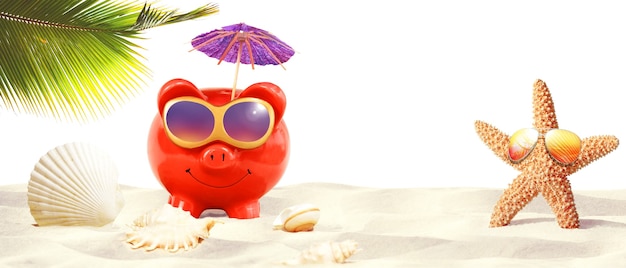 Hucha con gafas de sol en la playa tropical - vacaciones de verano.