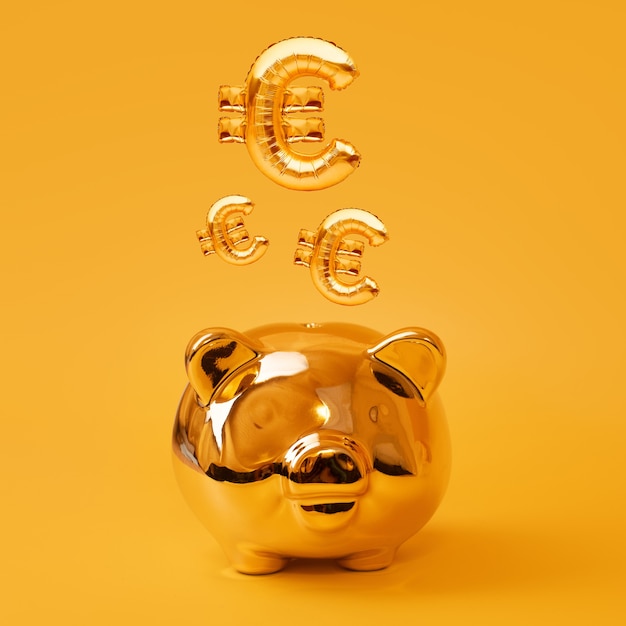 Hucha de oro sobre fondo amarillo con globos de oro con signo de euro. símbolo de moneda de oro hecho de globo inflable. concepto de inversión y banca ahorro de dinero, hucha, finanzas, inversiones