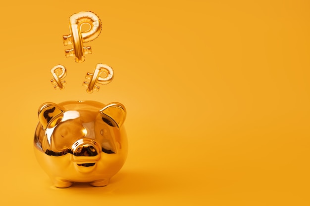 Hucha de oro sobre fondo amarillo con globos de signo de rublo dorado. Símbolo de moneda rusa hecho de globo de aluminio. Concepto de inversión y banca. Ahorro de dinero, hucha, finanzas, inversiones.