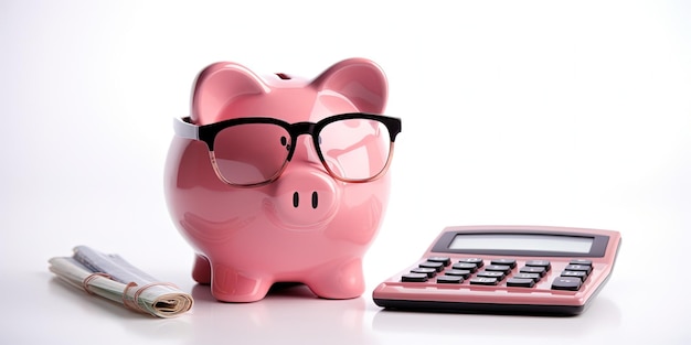 Hucha rosa con anteojos y calculadora concepto de ahorro e inversión IA generativa