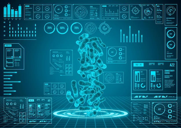 Hud Interface Hologram Scan Bakterien genetische Struktur High-Tech futuristisches Display Wissenschaftskonzept