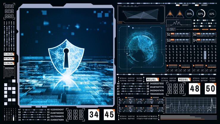 Foto hud y shield icon protección de red de datos digitales de seguridad cibernética