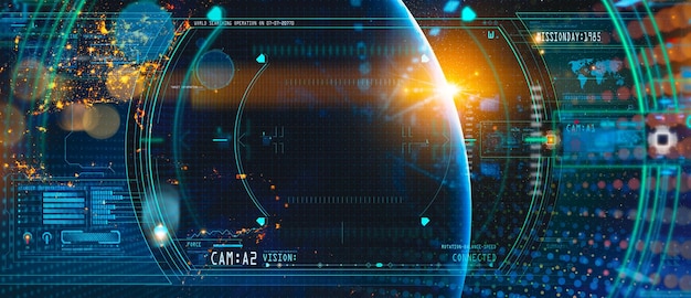 HUD ui interfaz de usuario futurista Mapa mundial global 3d y gráficos de datos comerciales Pantalla digital cabeza arriba