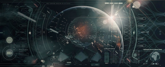 HUD ui interfaz de usuario futurista Mapa mundial global 3d y gráficos de datos comerciales Pantalla digital cabeza arriba