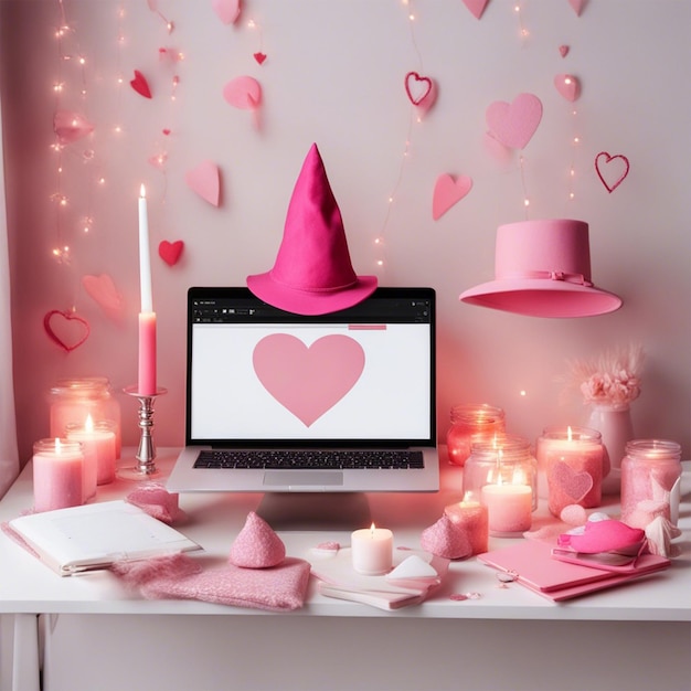 Hübsch in Pink Tech 3D-Rendering eines rosa Computer-Notebooks mit Partymütze und durch Kerze erzeugter KI