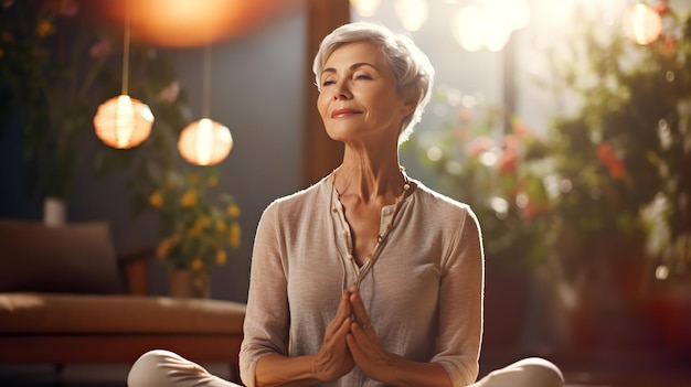 Hübsche ältere Frau in einem sonnendurchfluteten Raum, die Lotushaltung, Yoga, Meditation und Gesundheit generative KI macht