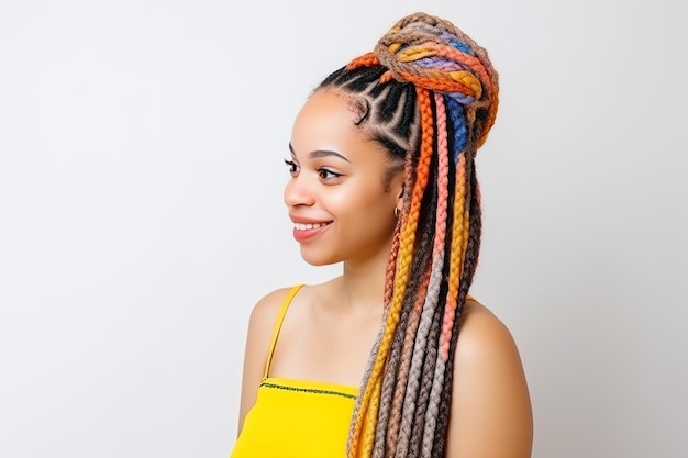Hübsche afroamerikanische Frau mit bunten Zöpfen auf farbigem Hintergrund. Generative KI