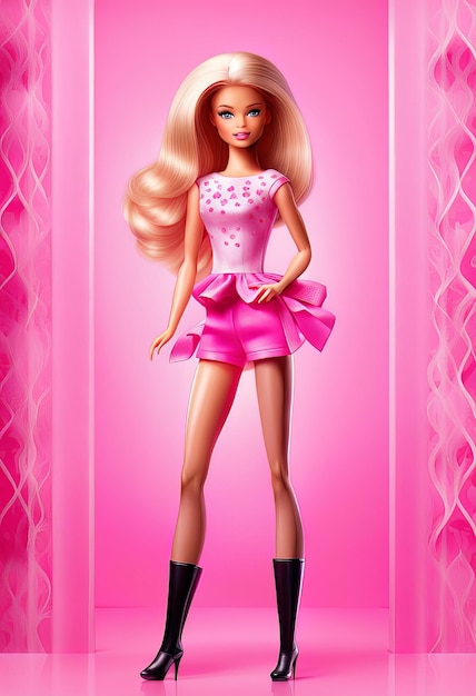 Hübsche blonde Barbie trägt ein rosa Kleid auf rosa Hintergrund