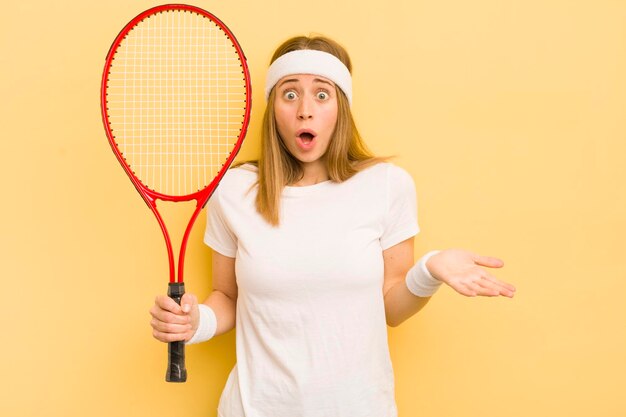Hübsche blonde Frau, die sich extrem schockiert und überrascht über das Tenniskonzept fühlt