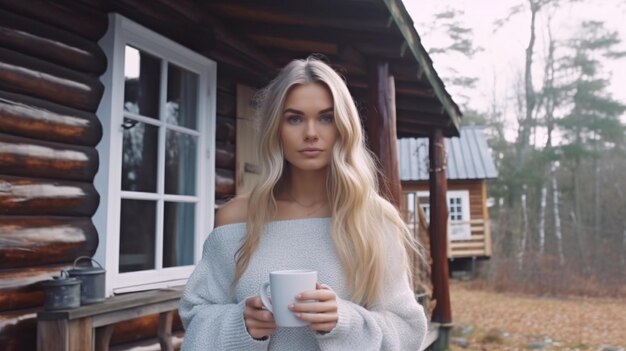 Hübsche blonde, langhaarige Frau mit generativer KI, die mit einer Kaffeetasse vor der Kabine steht