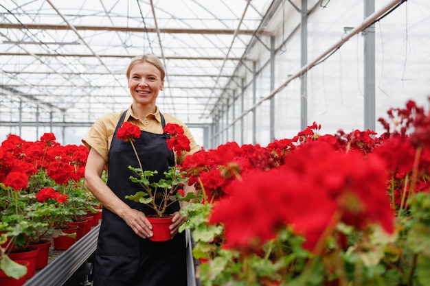 Hübsche Floristin mit einer Zimmerpflanze in ihren Händen im Blumengewächshaus