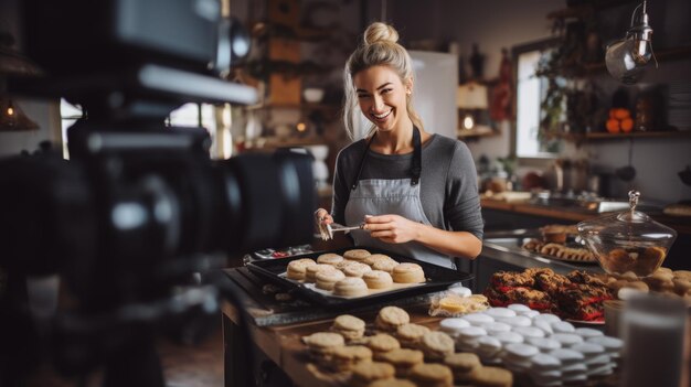 Hübsche Food-Bloggerin, die an einem neuen Video arbeitet und erklärt, wie man ein Gericht zubereitet