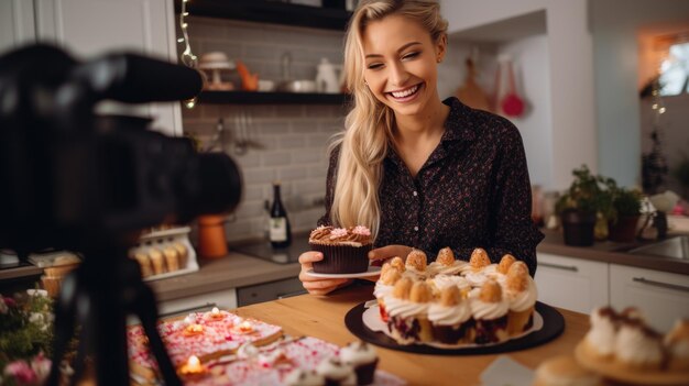 Hübsche Food-Bloggerin, die an einem neuen Video arbeitet und erklärt, wie man ein Gericht zubereitet