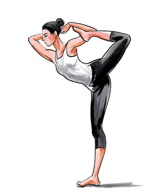 Hübsche Frau, die Yoga tut. Tusche- und Aquarellzeichnung