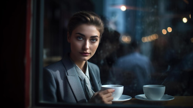 Hübsche Frau im Café, die Kaffee trinkt und aus dem Fenster schaut, generative KI