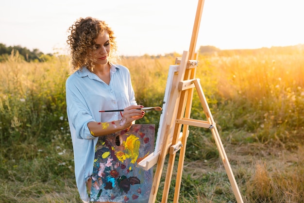 Hübsche Frau malt. Open Air Session. Nette Frau zeichnet ein Bild bei Sonnenuntergang. Künstlerin