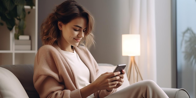 Hübsche Frau sitzt zu Hause auf dem Sofa und nutzt die mobile App auf dem Mobiltelefon