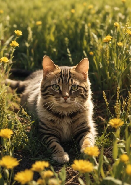 hübsche graue Katze spielt auf dem Feld