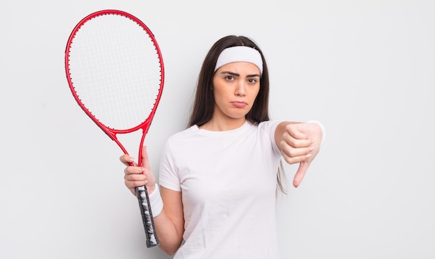 Hübsche hispanische Frau, die sich verärgert fühlt und die Daumen nach unten zeigt. Tennis-Konzept