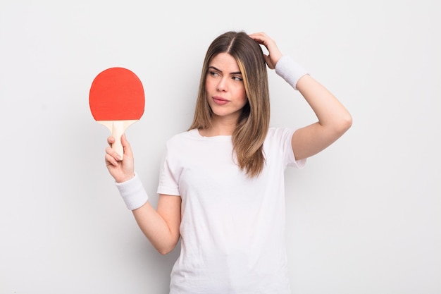 hübsche junge frau, die glücklich lächelt und tagträumt oder zweifelt. Ping-Pong-Konzept