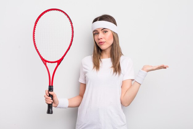 Hübsche junge Frau, die sich verwirrt und verwirrt fühlt und am Tenniskonzept zweifelt