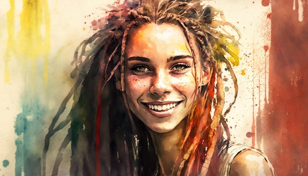 Hübsche junge Frau mit Dreadlocks Aquarellstil Generative KI