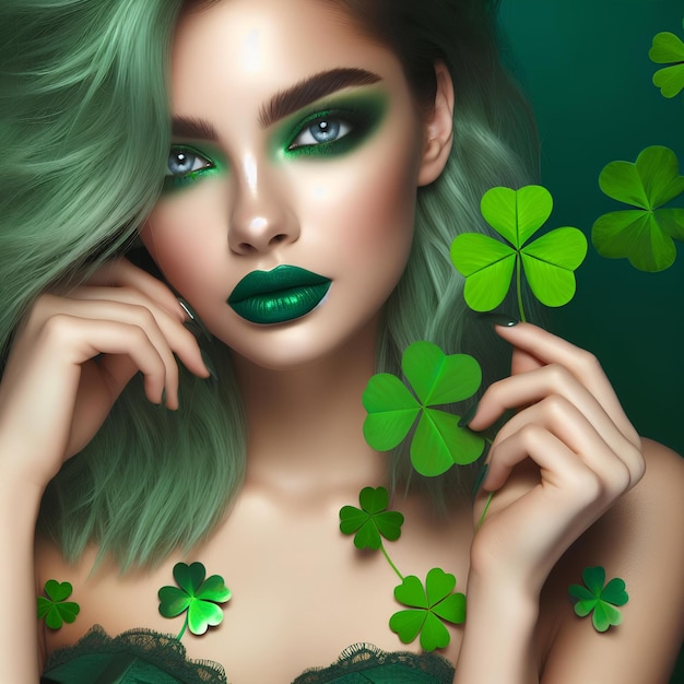 hübsche junge kaukasische Frau mit grünem Lippenstift und grünem Make-up und grünen Kleeblättern