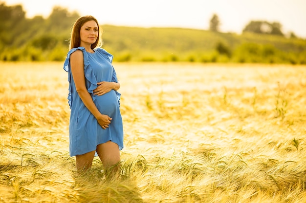 Hübsche junge schwangere Frau im blauen Kleid, das draußen in der Natur am Sommertag entspannt