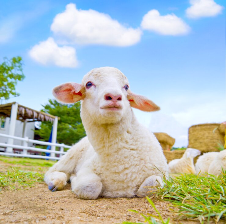 hübsche kleine Schafe, die auf Bauernhof im Freien liegen