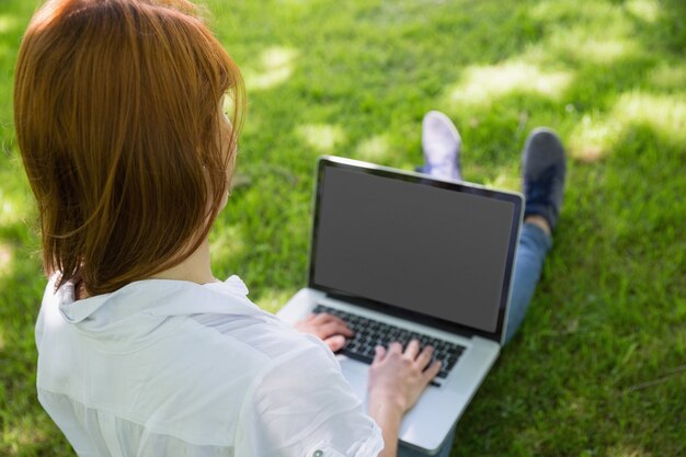 Hübsche Rothaarige, die ihren Laptop im Park verwendet