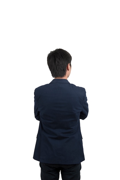 Hübscher asiatischer Geschäftsmann im blauen Klageisolat auf weißem Hintergrund