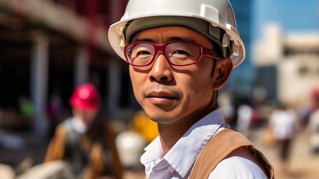 Hübscher asiatischer Ingenieur oder Architekt, der eine farbenfrohe Baustelle überwacht