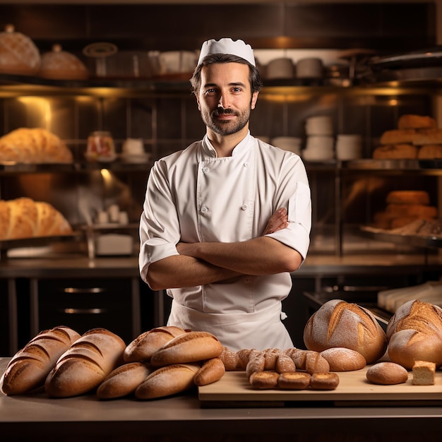 Hübscher Bäcker in Uniform mit Baguettes und Brotregalen im Hintergrund