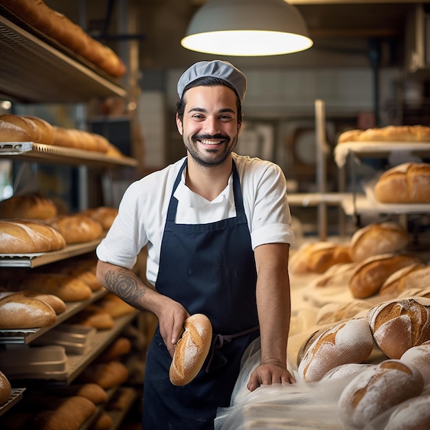 Hübscher Bäcker in Uniform mit Baguettes und Brotregalen im Hintergrund