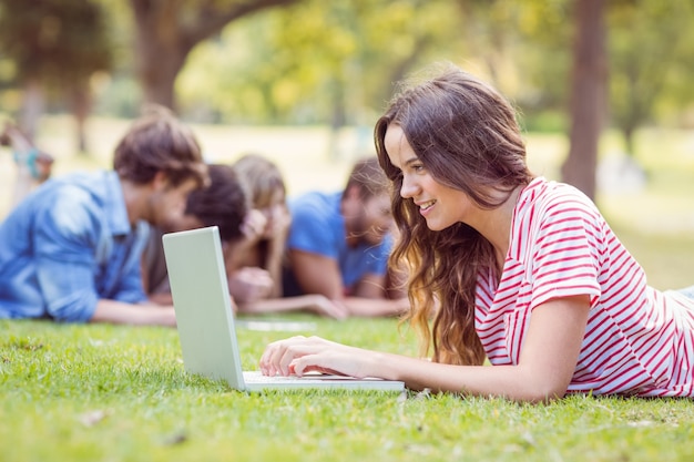 Hübscher Brunette, der Laptop im Park verwendet