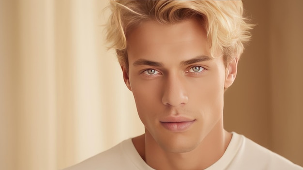 hübscher, eleganter, sexy, kaukasischer blonder Mann mit blonden Haaren mit perfekter Haut auf einer beige Creme