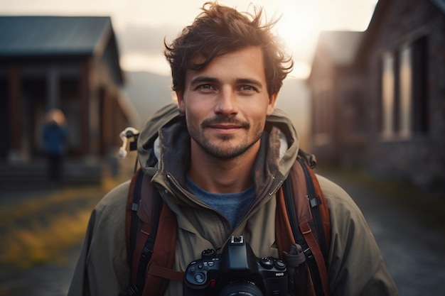 Hübscher Fotograf eines erwachsenen Mannes im Freien