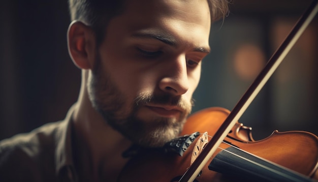 Hübscher Geiger, der drinnen mit fachmännischem Können spielt, generiert durch KI