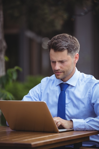 Hübscher Geschäftsmann, der Laptop verwendet