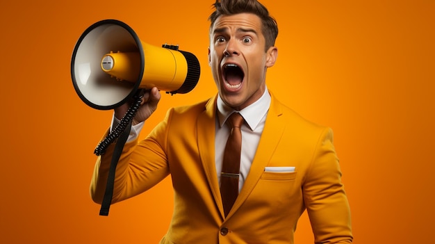hübscher Geschäftsmann in formaler Kleidung schreit durch Lautsprecher auf orangefarbenem Hintergrund