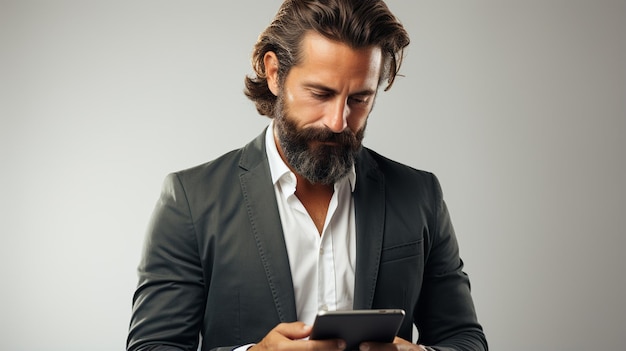 Hübscher Geschäftsmann in formeller Kleidung, der ein Mobiltelefon in der Hand hält