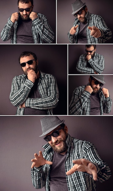 Hübscher Hipster bärtiger Mann mit Sonnenbrille Modeporträt Collage von eingestellten Fotos