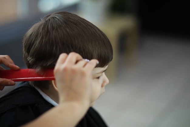 Hübscher Junge, der sich im Friseursalon die Haare und den Bart schneiden lässt, Friseursalon-Rückansicht