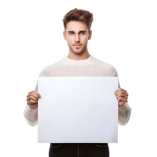 Hübscher junger kaukasischer Mann hält ein leeres Blatt Papier isoliert auf weißem Hintergrund