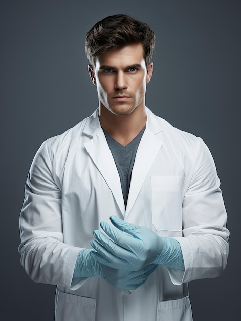 Hübscher junger männlicher Arzt mit Handschuhen isoliert auf grauem Hintergrund