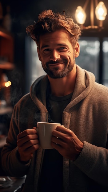 Hübscher junger Mann, der die Morgensonne genießt, während er eine Kaffeetasse in der Hand hält. Generative KI