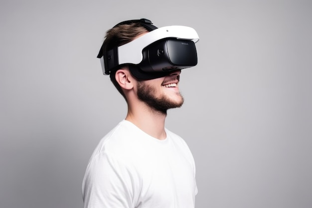 Hübscher junger Mann, der ein VR-Headset benutzt und lächelt, erstellt mit generativer KI