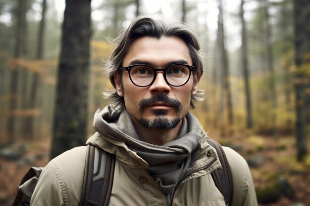 Hübscher junger Mann mit Bart und Brille im Herbstwald